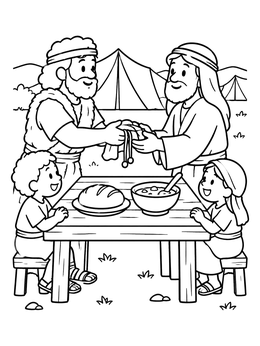 A simple jacob and esau coloring page showing two brothers making an agreement by a table of stew.