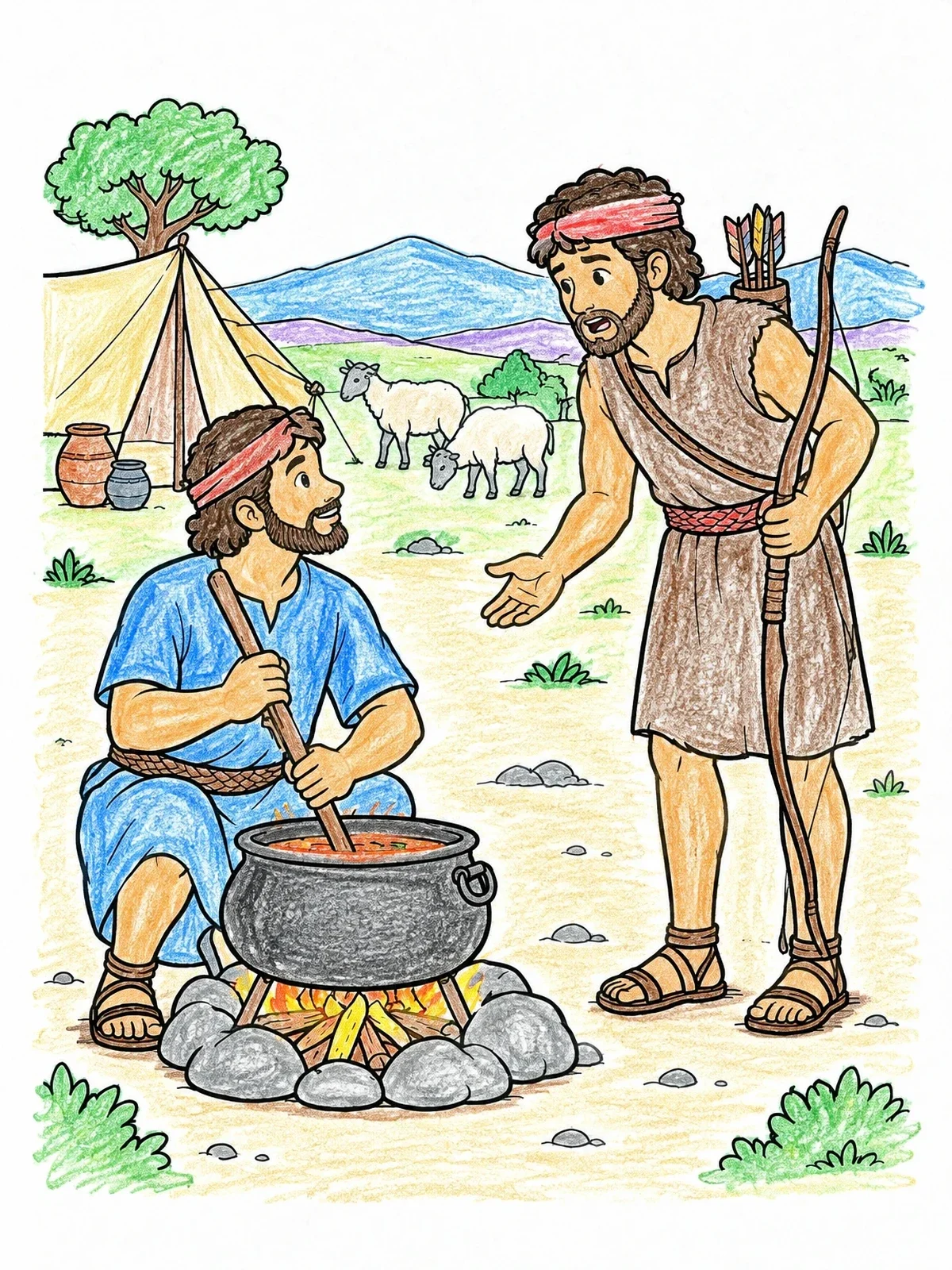 Colored example of the Jacob Cooking Stew For Esau coloring page