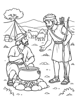 A clear jacob and esau coloring page showing Jacob cooking stew over a campfire as Esau returns with his bow.