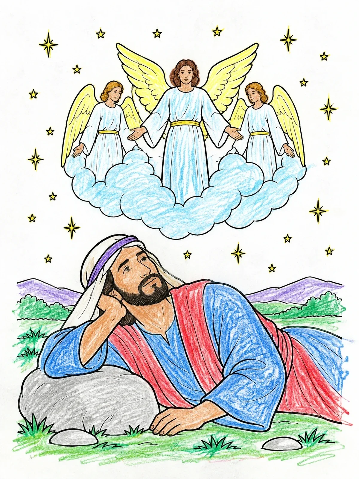 Colored example of the Jacob Dreaming Of Angels Under The Stars coloring page