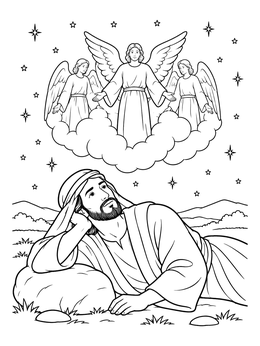 A serene jacob and esau coloring page showing Jacob resting on a stone while dreaming of angels in the sky.