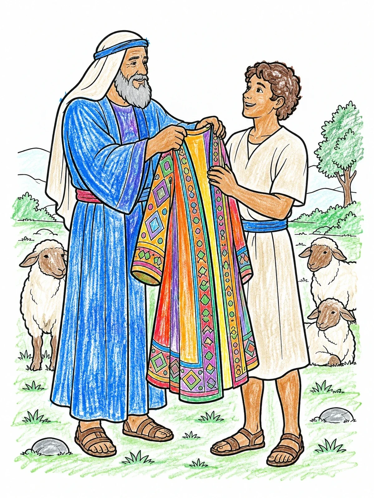 Colored example of the Jacob Presents The Coat To Joseph coloring page