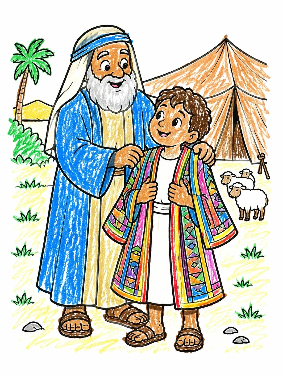Colored example of the Jacob Giving Joseph His Special Coat coloring page