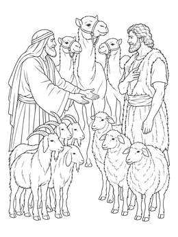 Jacob offers herds of camels, goats, and sheep to Esau in this detailed jacob and esau coloring page.