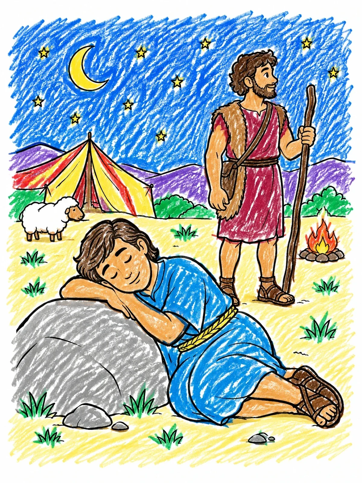Colored example of the Jacob Resting On A Stone coloring page