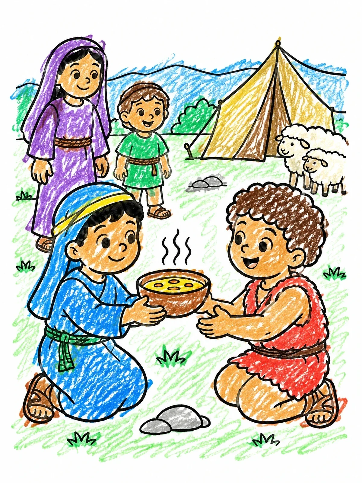 Colored example of the Jacob Sharing Stew With Esau coloring page