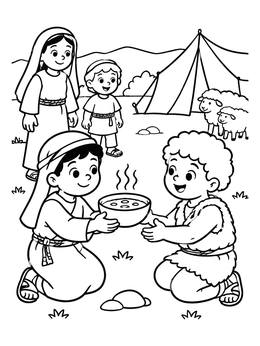 Children act out a biblical story in this jacob and esau coloring page with a bowl of warm stew.