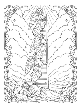 Angels ascend to heaven above a sleeping man in this biblical dream coloring page.