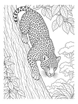 A realistic jaguar coloring page featuring a spotted big cat climbing down a tree trunk in the jungle.