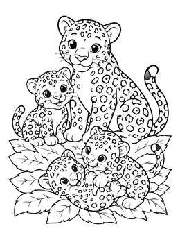 A sweet mother jaguar and three cubs resting in a lovely jaguar coloring page.