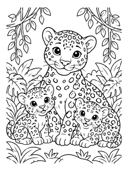 A friendly mother cat and cubs in this jaguar coloring page surrounded by jungle foliage.