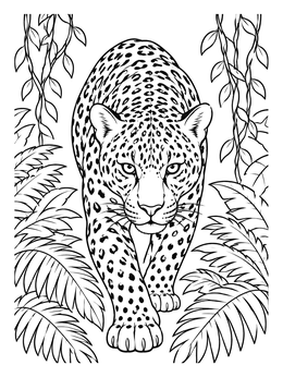 A detailed jaguar coloring page showing the big cat stalking forward through tropical jungle leaves.