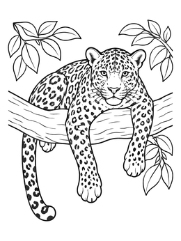 A resting wildcat lies relaxed on a bough in this detailed jaguar coloring page.