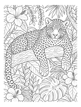 A detailed jaguar coloring page showing the big cat resting on a tree branch among jungle leaves.