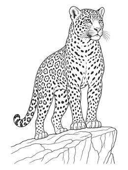 A detailed jaguar coloring page showing the majestic wild cat perched on a rocky ledge.