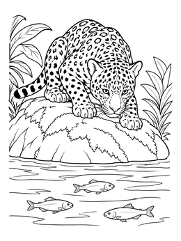 A detailed jaguar coloring page showing the big cat crouched on a boulder watching swimming fish.