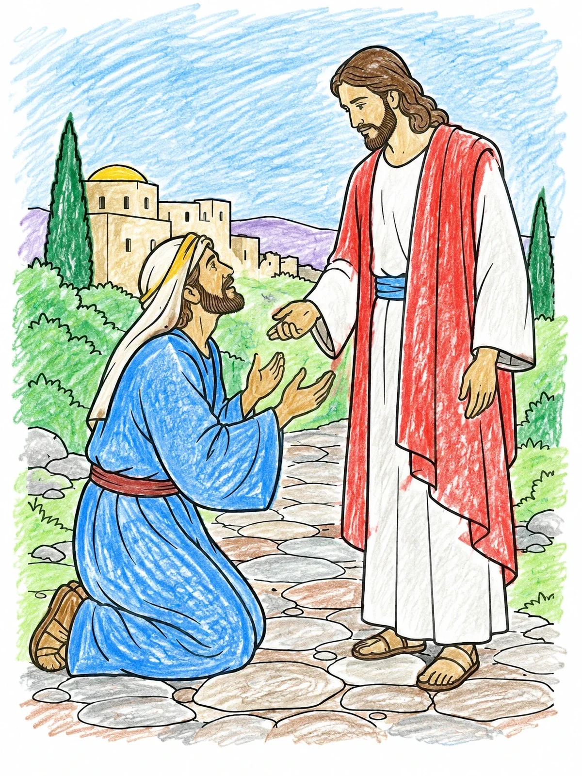 Colored example of the Jairus Kneeling Before Jesus coloring page