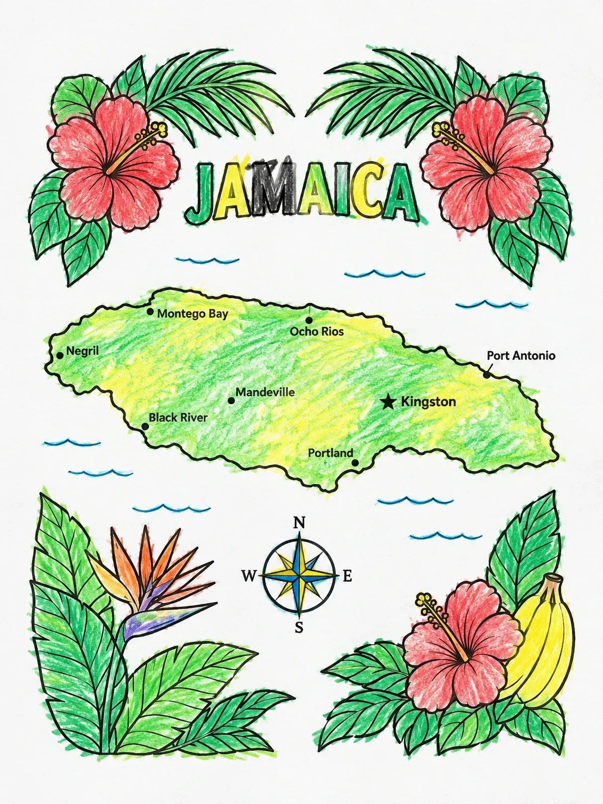Colored example of the Jamaica Map With Tropical Flowers coloring page