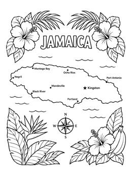 Free printable Jamaica Map With Tropical Flowers coloring page