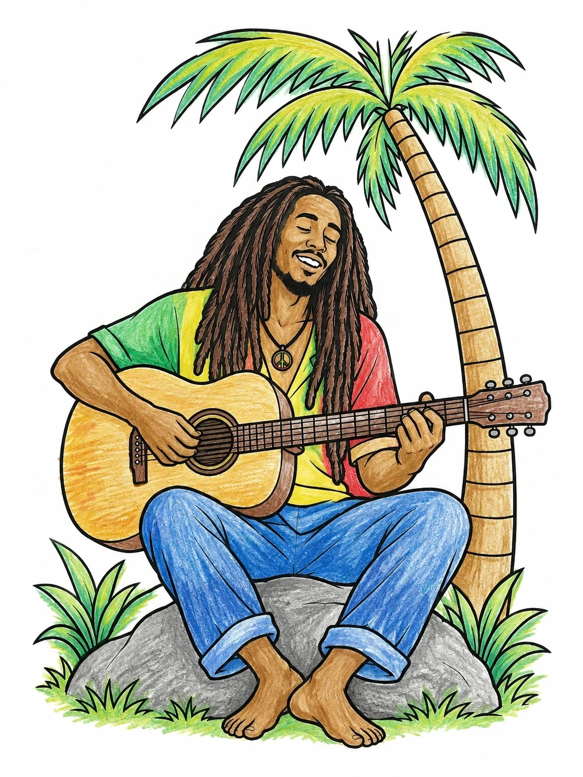 Colored example of the Reggae Musician With Guitar Under Palm Tree coloring page