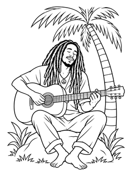 Free printable Reggae Musician With Guitar Under Palm Tree coloring page
