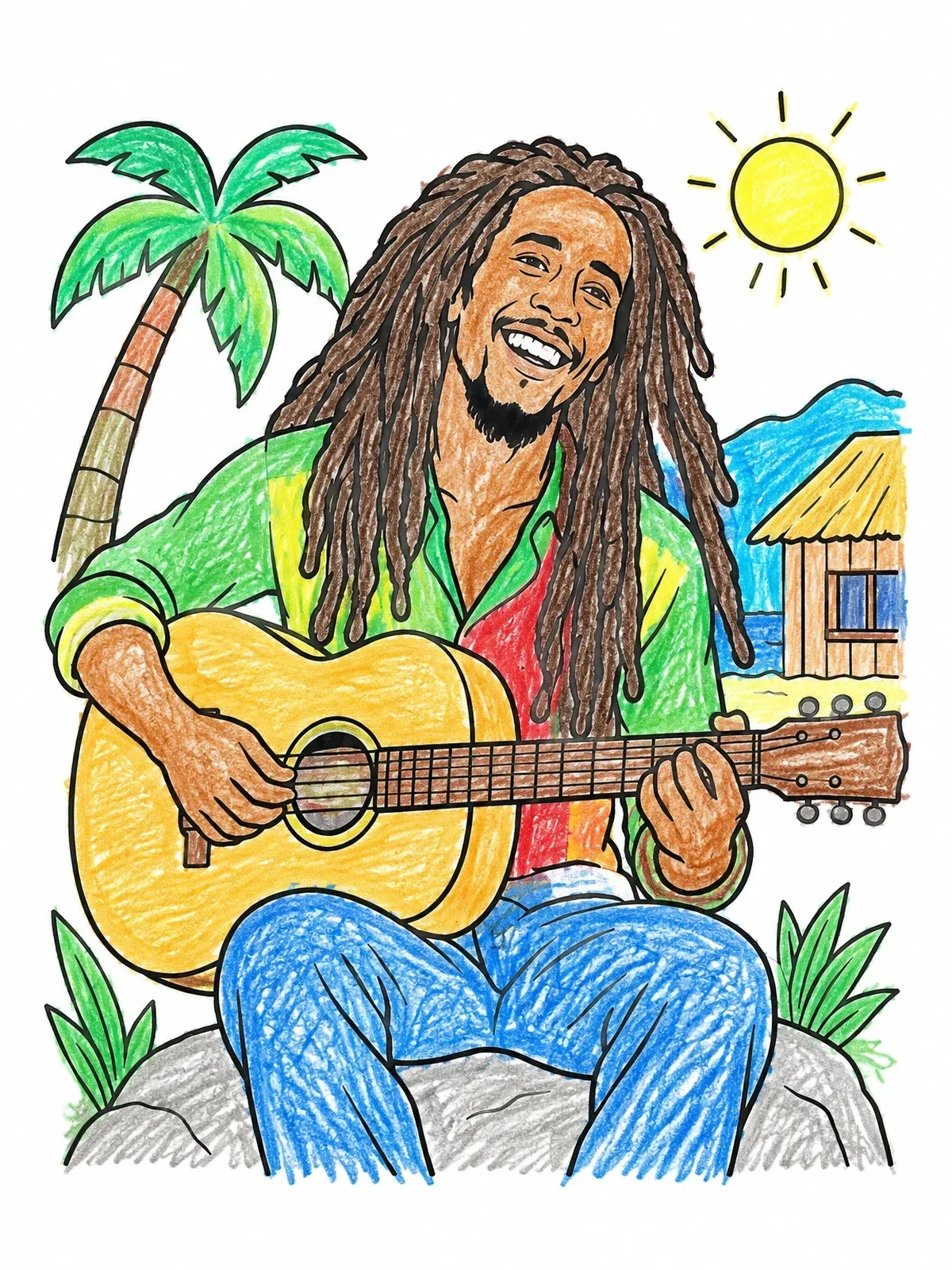 Colored example of the Smiling Musician With Acoustic Guitar coloring page