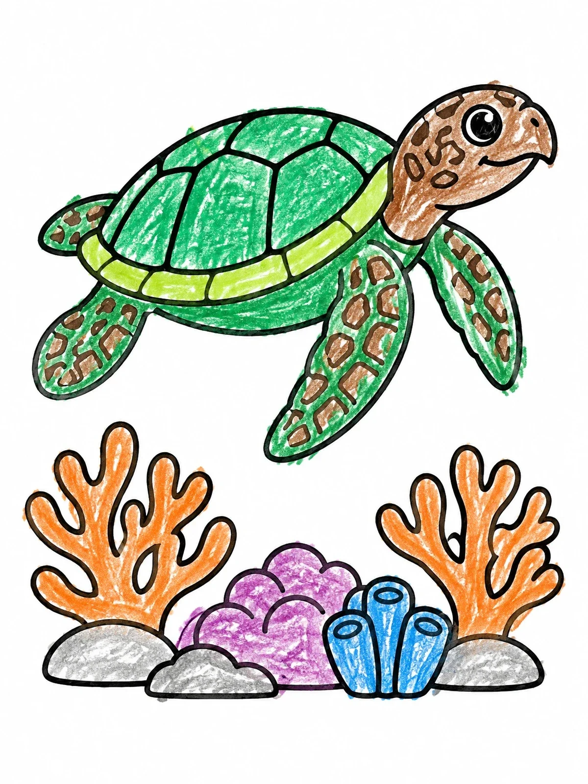 Colored example of the Sea Turtle Over Coral Reef coloring page