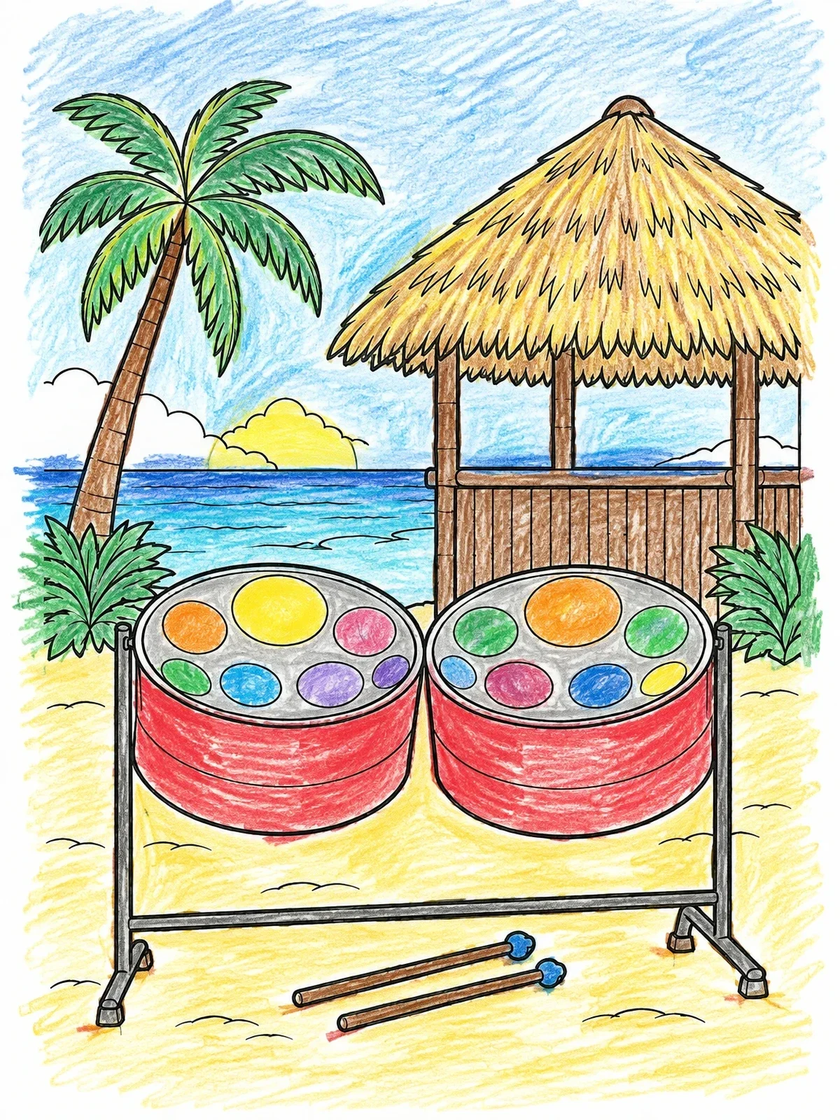 Colored example of the Steel Drums On Tropical Beach coloring page
