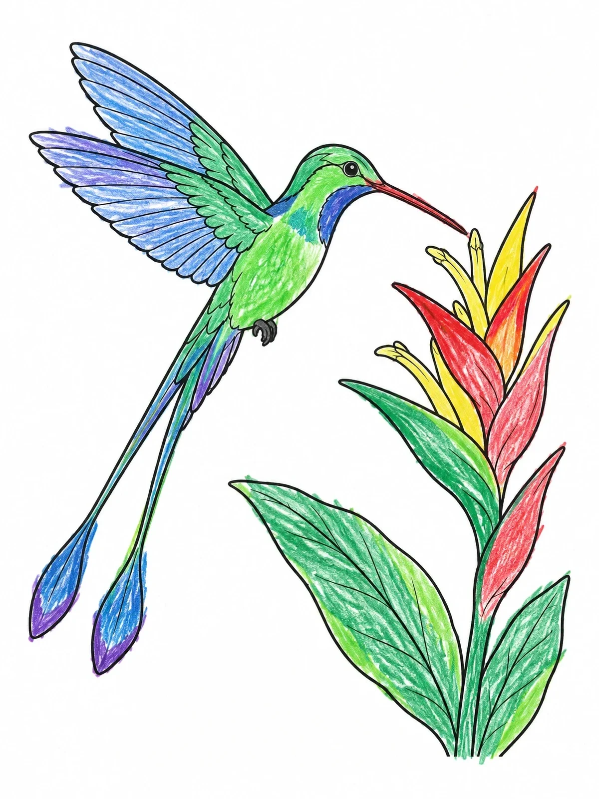 Colored example of the Doctor Bird And Tropical Bloom coloring page
