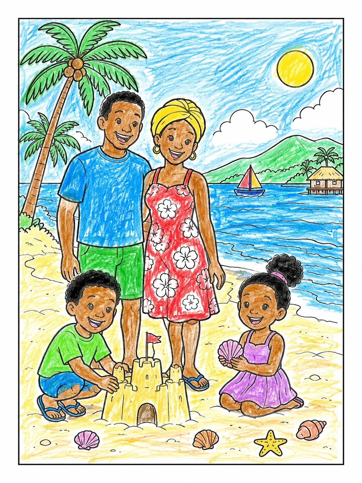 Colored example of the Family Vacation On Tropical Beach coloring page
