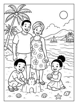 Free printable Family Vacation On Tropical Beach coloring page