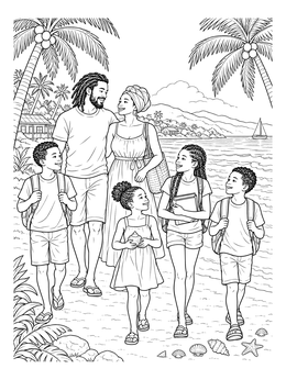 Free printable Family Walking On Tropical Beach coloring page