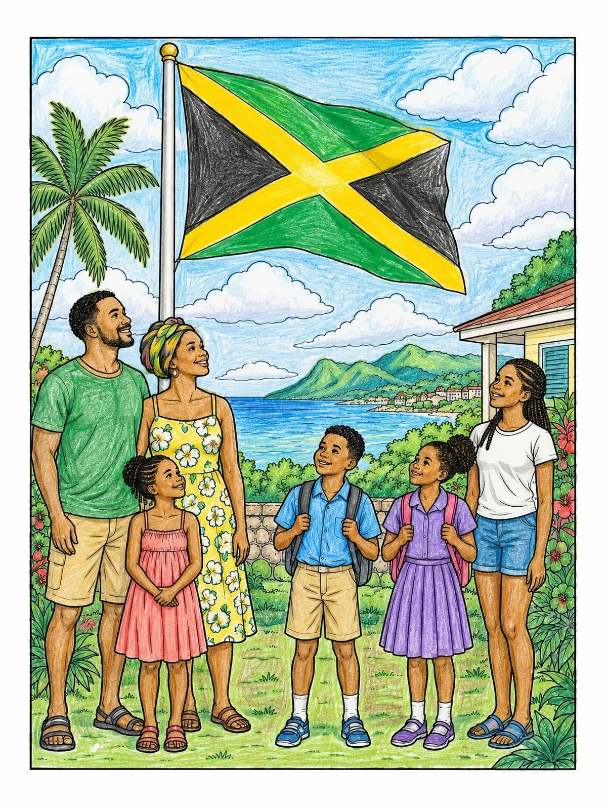Colored example of the Family By The Jamaican Flag coloring page