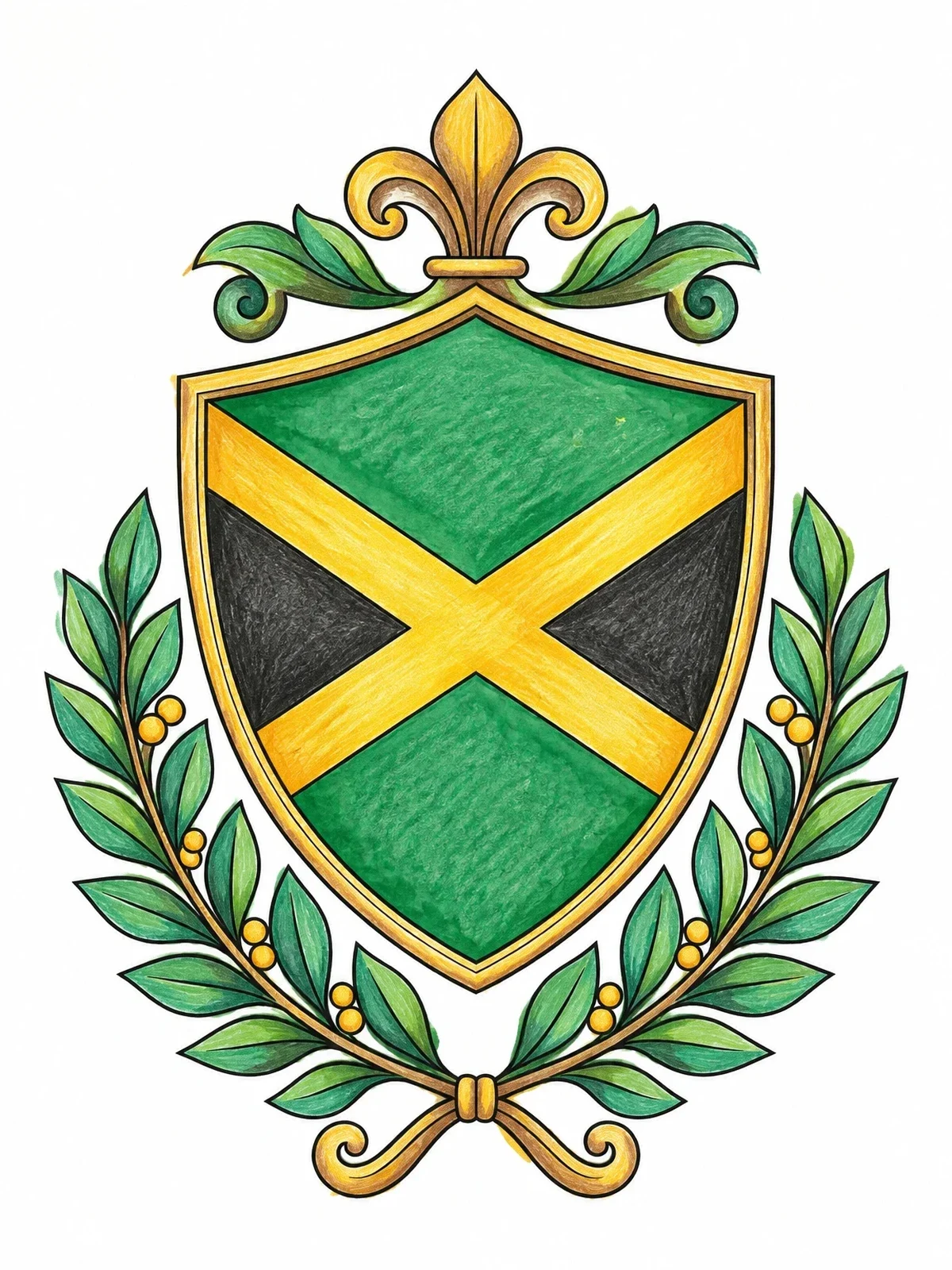 Colored example of the Jamaican Flag Heraldic Shield coloring page