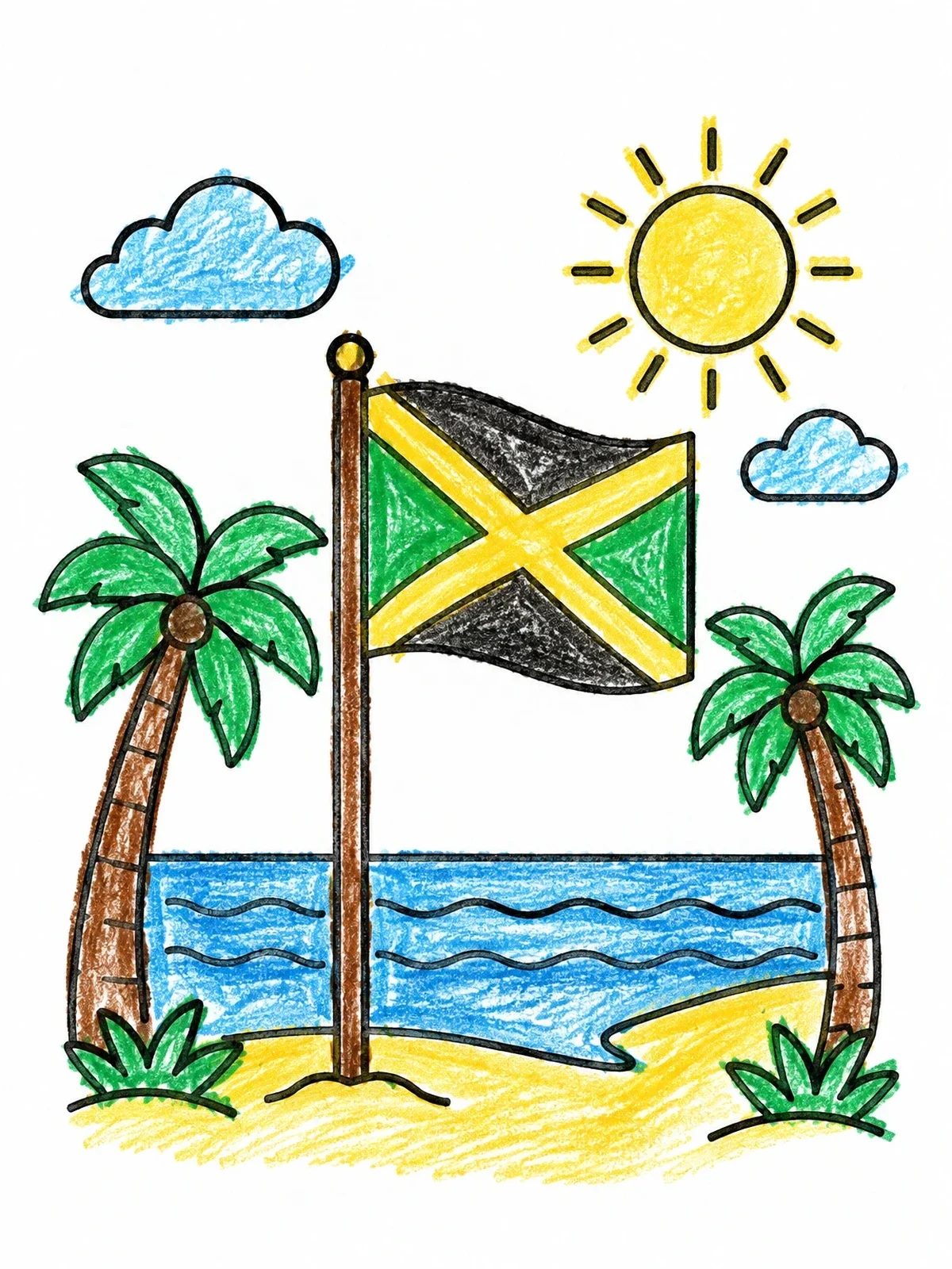 Colored example of the Jamaican Flag On Tropical Beach coloring page