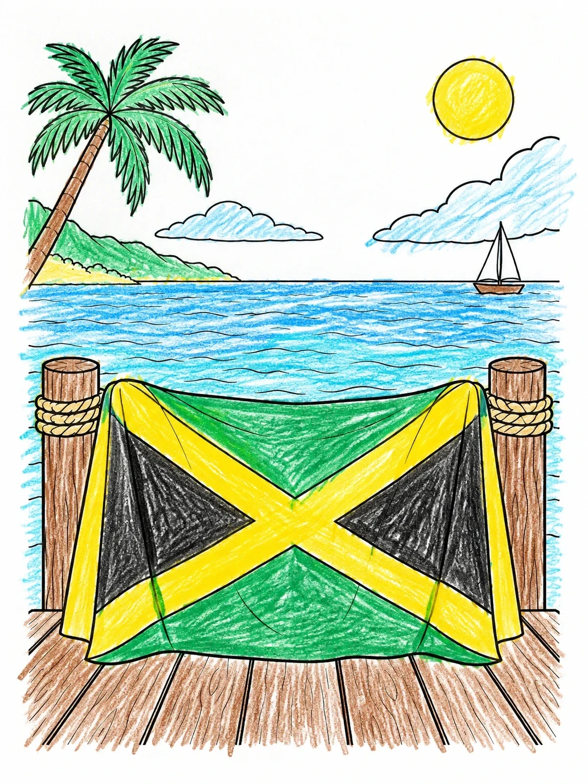Colored example of the Jamaican Flag On Tropical Wooden Dock coloring page