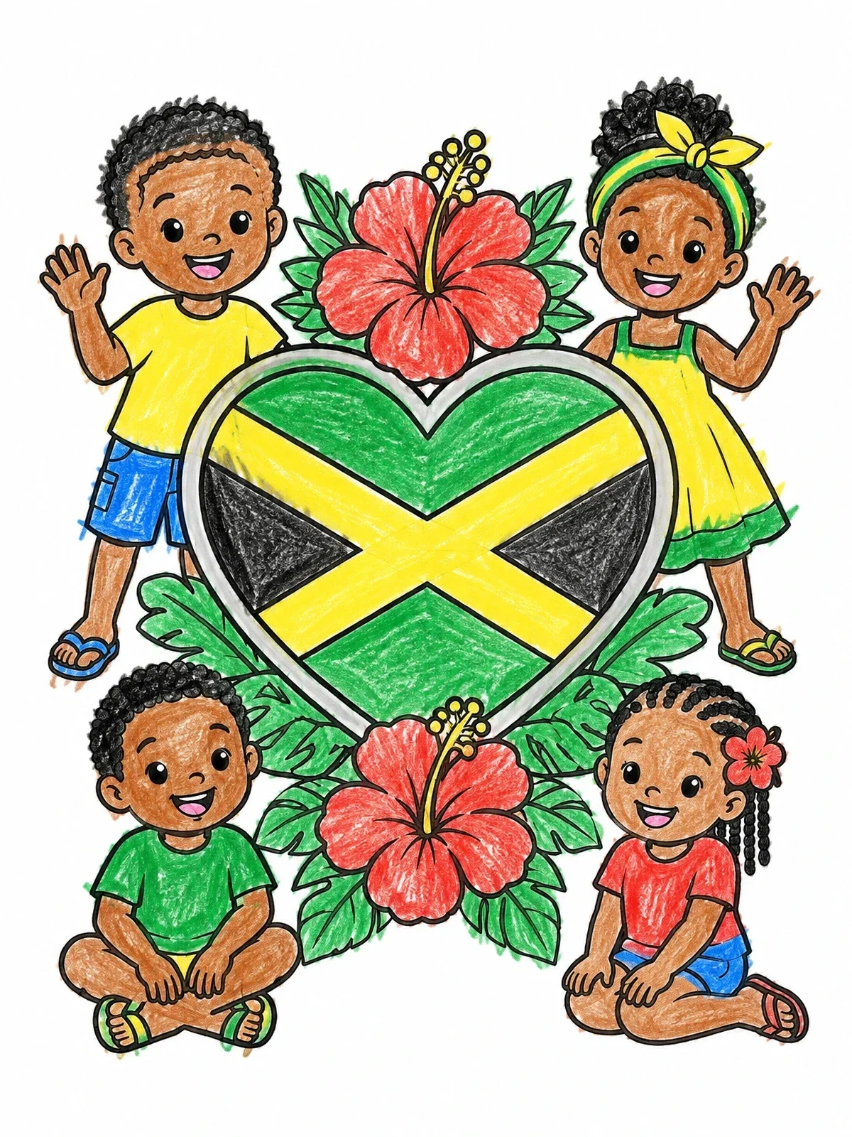 Colored example of the Jamaican Heart Flag With Smiling Children coloring page