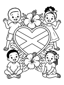 Free printable Jamaican Heart Flag With Smiling Children coloring page