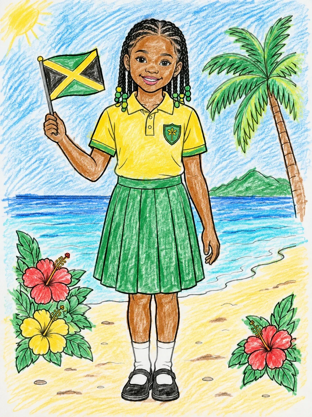 Colored example of the Jamaican Schoolgirl Holding Flag On Beach coloring page
