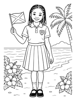 Free printable Jamaican Schoolgirl Holding Flag On Beach coloring page