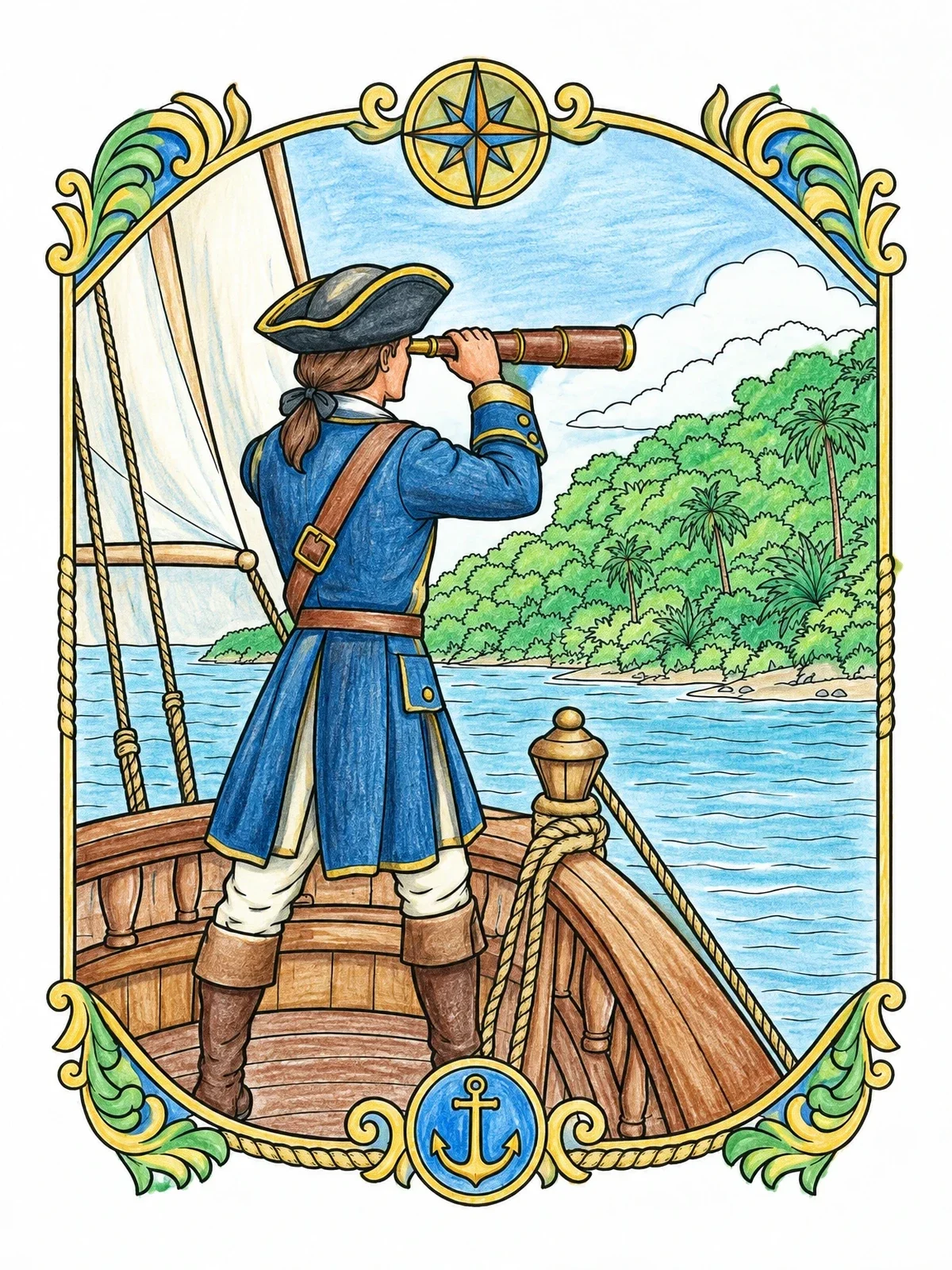 Colored example of the Colonial Lookout At Ship Bow coloring page