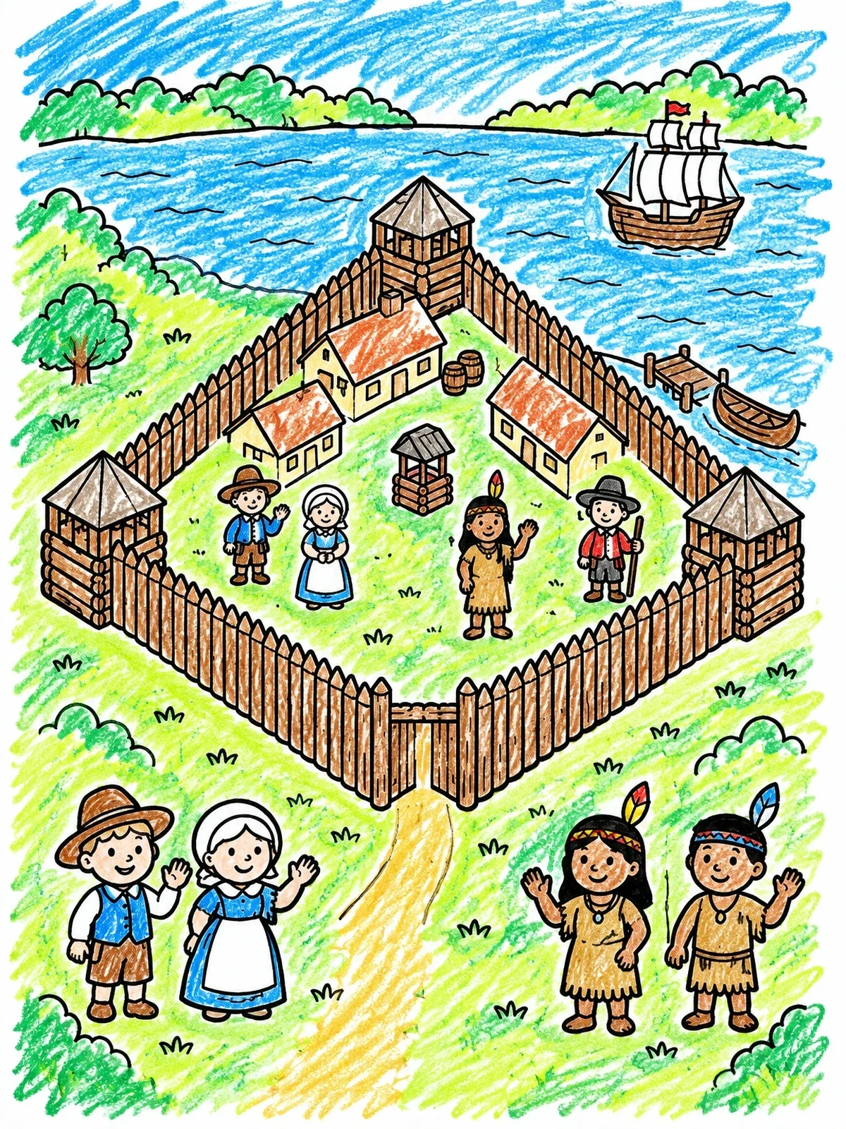 Colored example of the Jamestown Fort And Friendly Settlers coloring page