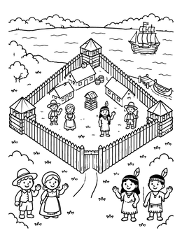 Free printable Jamestown Fort And Friendly Settlers coloring page