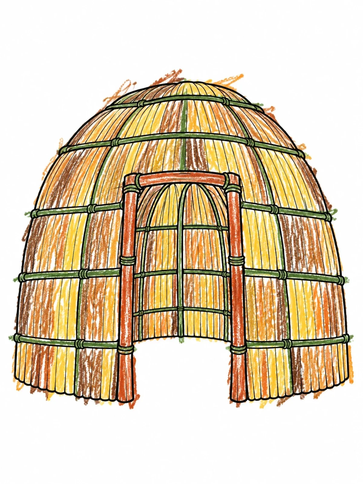 Colored example of the Traditional Powhatan Yehakin Reed House coloring page