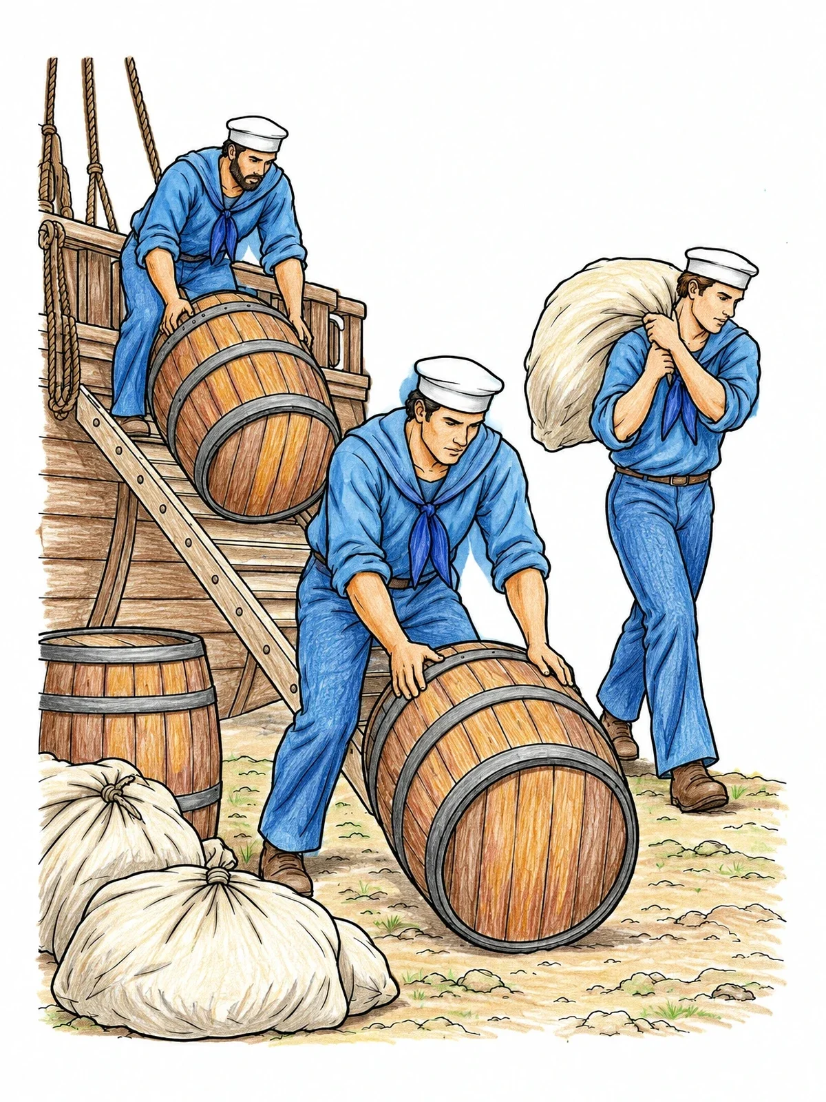 Colored example of the Sailors Unloading Ship Supplies coloring page