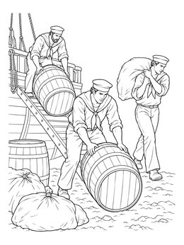 Free printable Sailors Unloading Ship Supplies coloring page