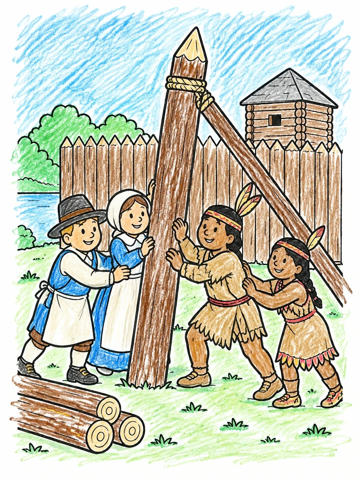 Colored example of the Settlers And Powhatan Building Fort Wall coloring page