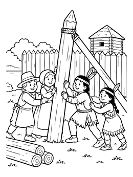Free printable Settlers And Powhatan Building Fort Wall coloring page