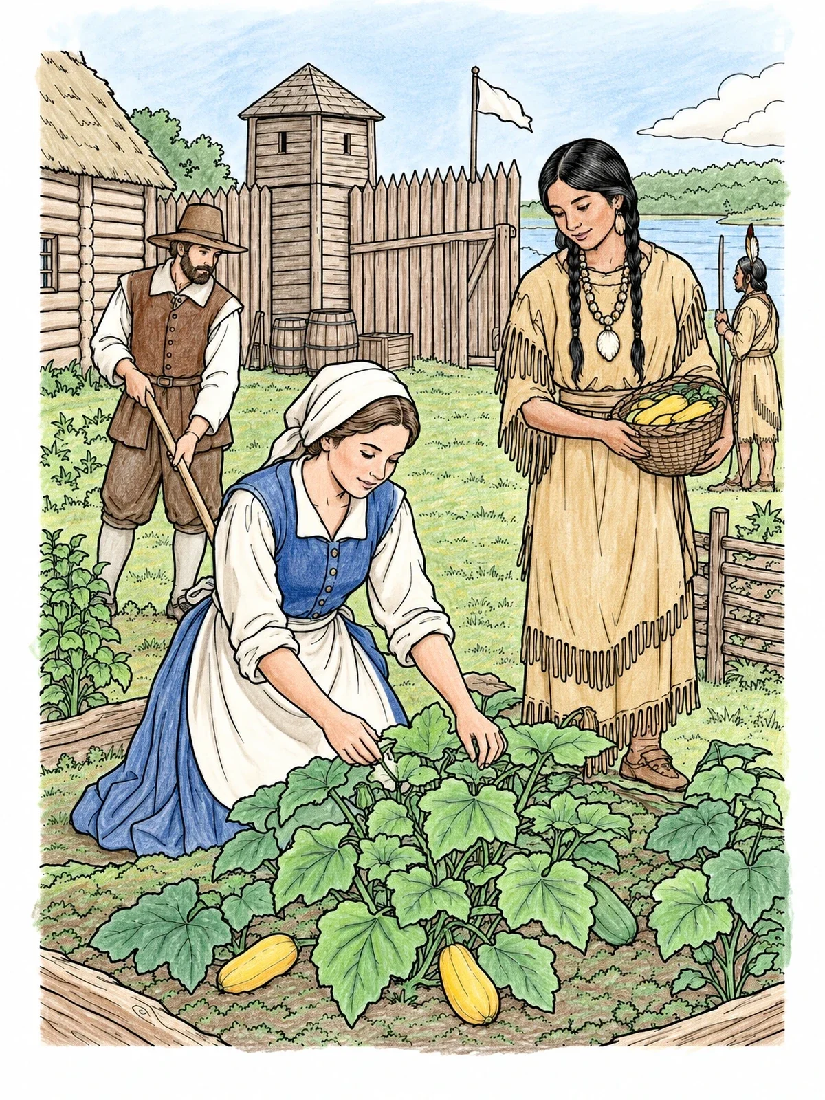 Colored example of the Settlers And Native American In Jamestown Garden coloring page