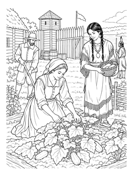 Free printable Settlers And Native American In Jamestown Garden coloring page